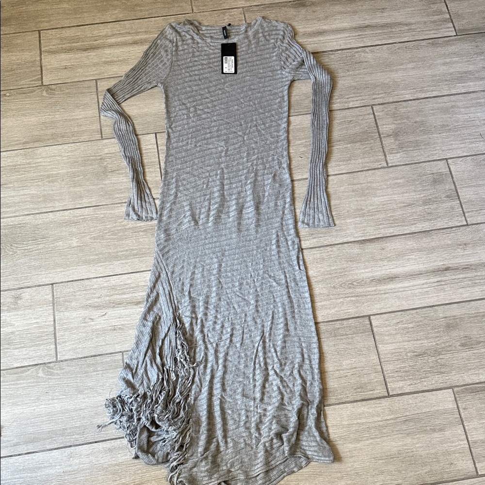 Marciano Gray Long Sleeve Sweater  Dress with Fringe Medium NWT